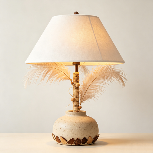 Boho Feather Jute Table Lamp with Speckled Ceramic Base