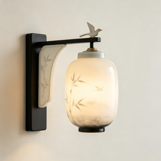 Black Bird Bamboo Oriental Wall Sconce