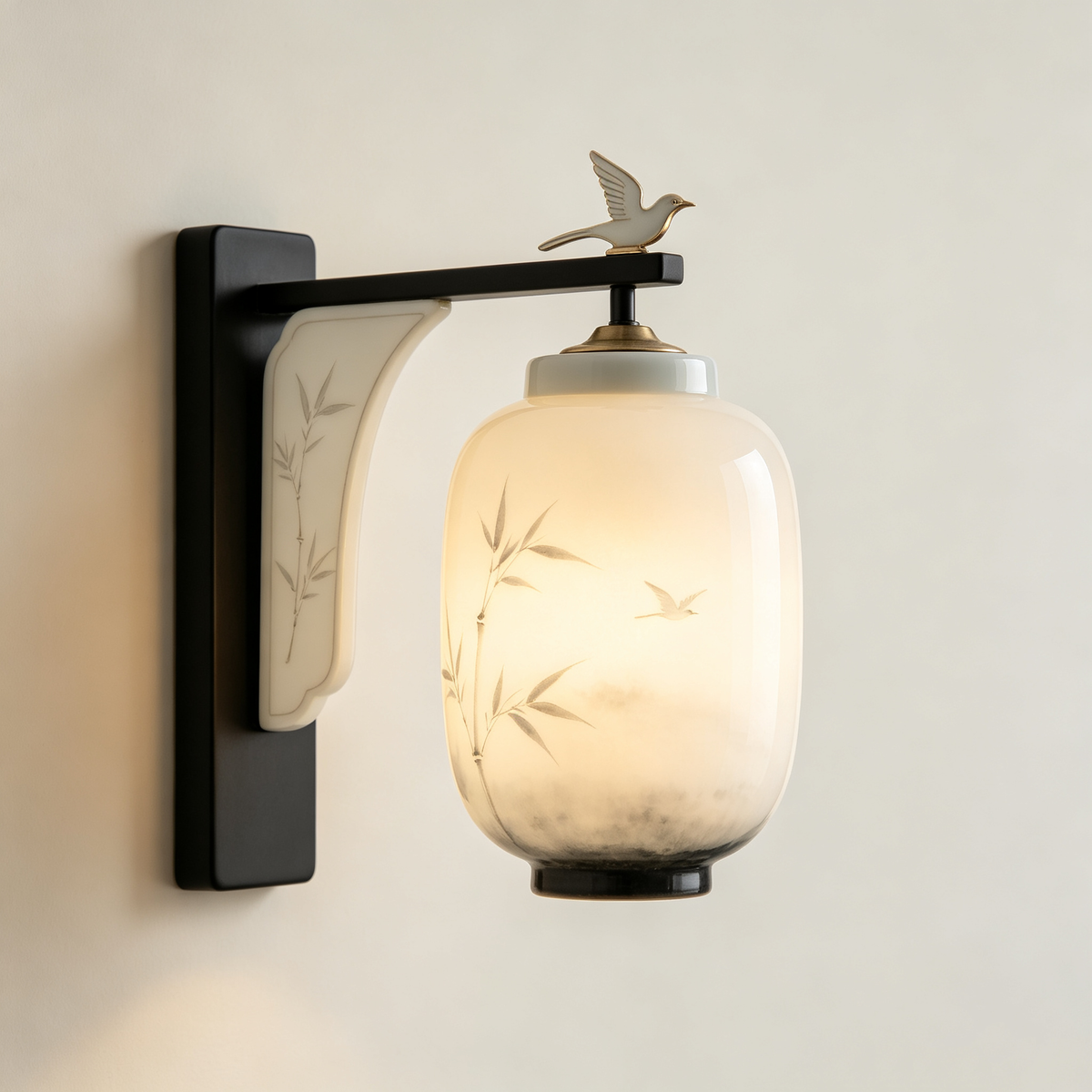 Black Bird Bamboo Oriental Wall Sconce
