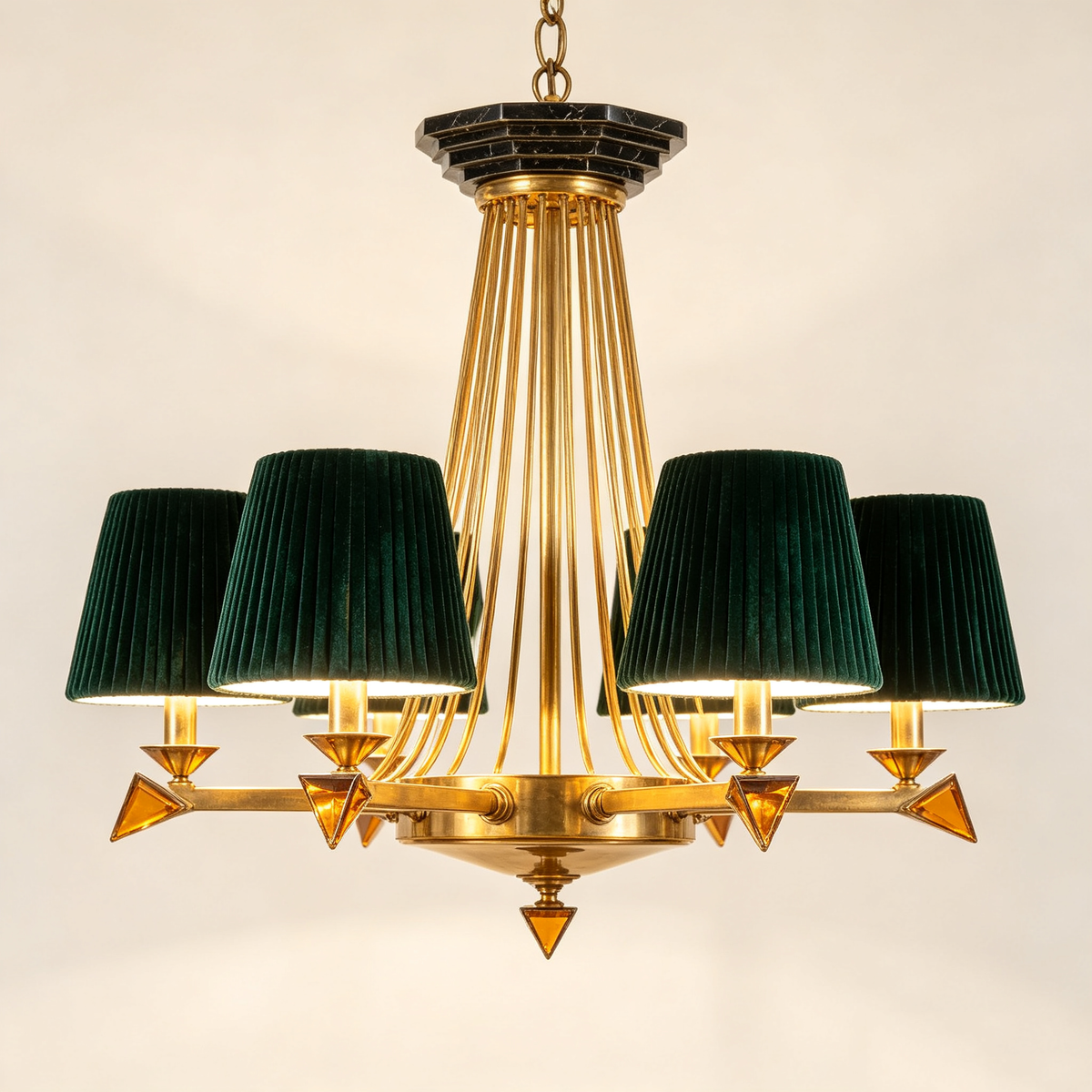 Emerald Green Brass Art Deco Chandelier