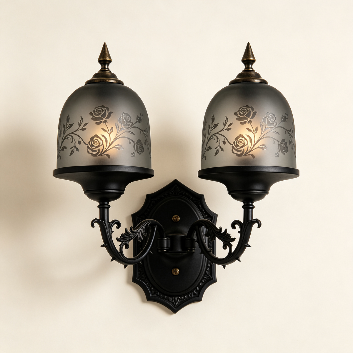 Black Double Rose Etched Wall Sconce