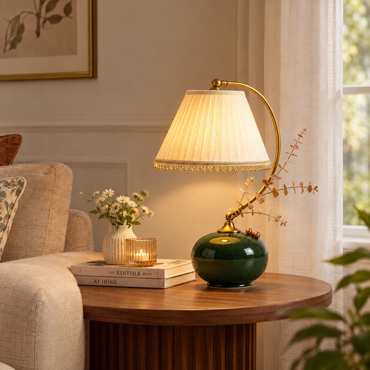 Vintage Green Ceramic Arc Table Lamp with Pleated Shade