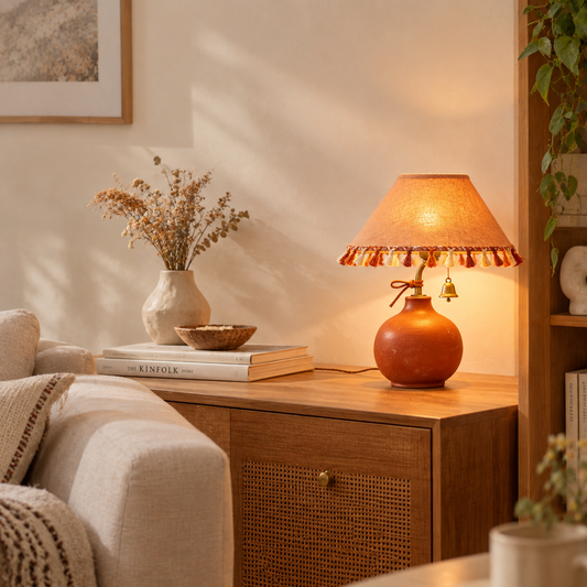 Terracotta Boho Tassel Table Lamp with Bell Charm