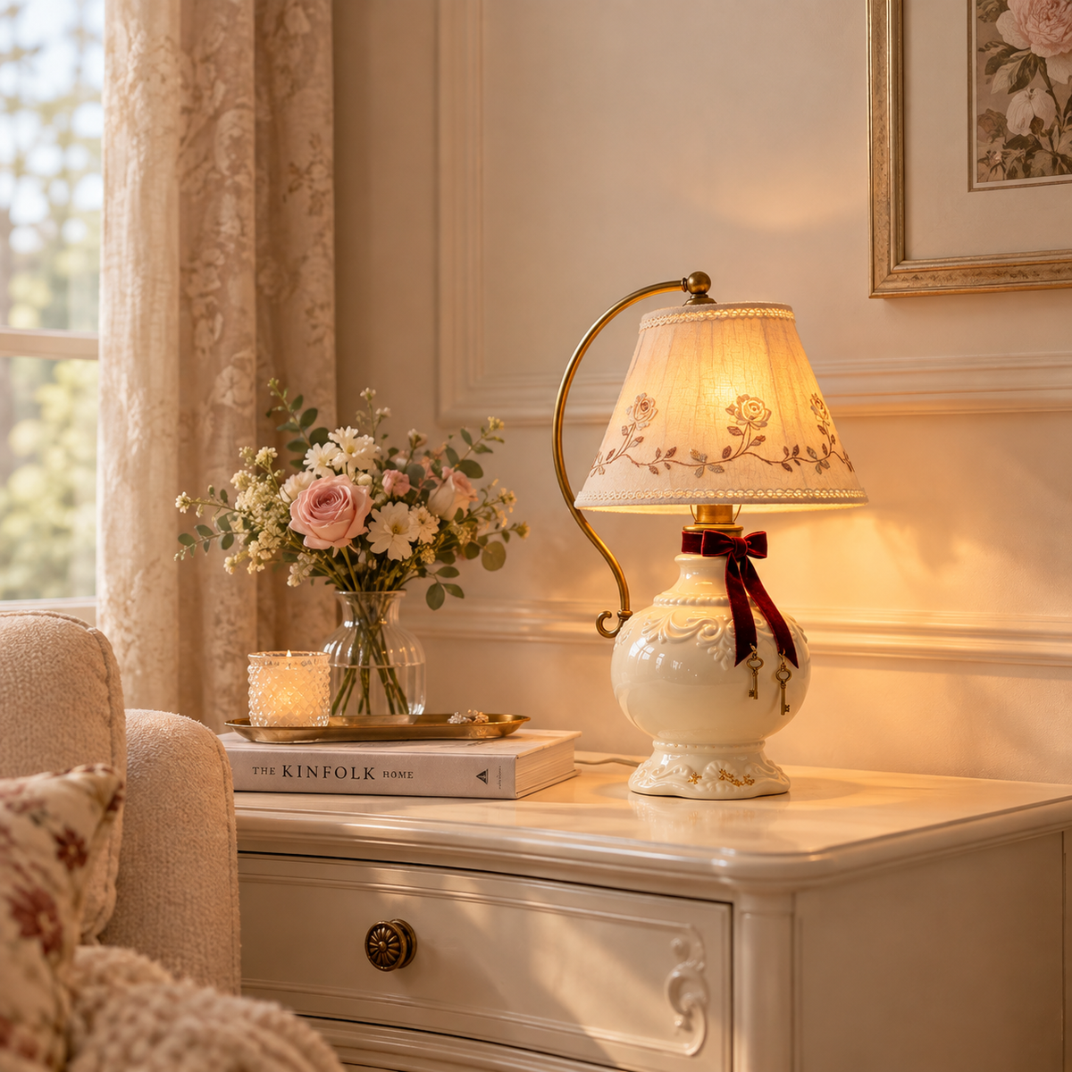 Cream French Country Arc Table Lamp with Rose Shade