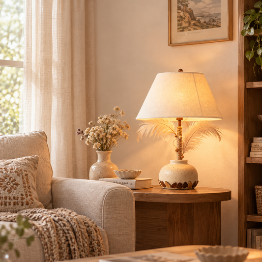 Boho Feather Jute Table Lamp with Speckled Ceramic Base