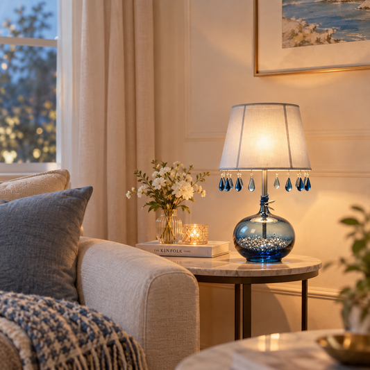 Blue Glass Crystal Teardrop Table Lamp