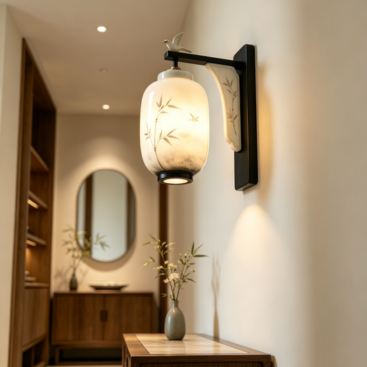 Black Bird Bamboo Oriental Wall Sconce