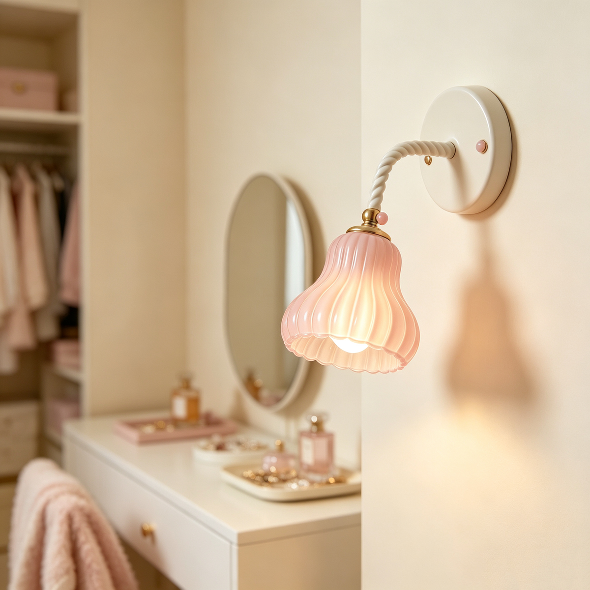 Pink Ribbed Fluted Glass Wall Sconce