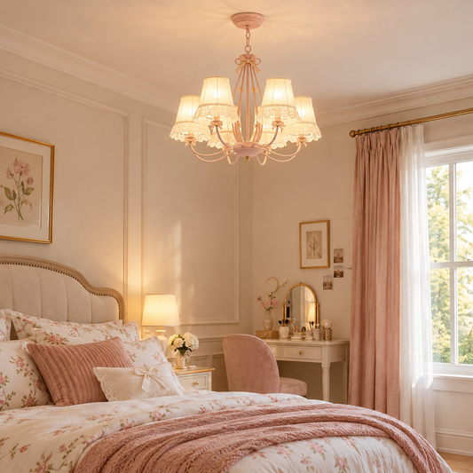 Pink French Bow Lace 6-Arm Chandelier