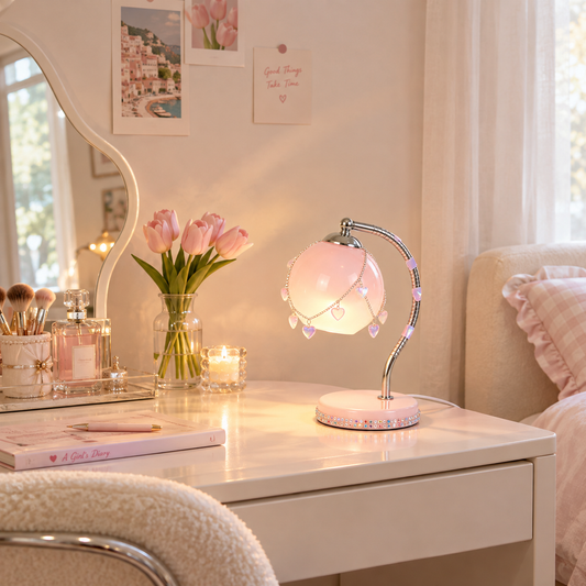 Pink Heart Crystal Charm Table Lamp