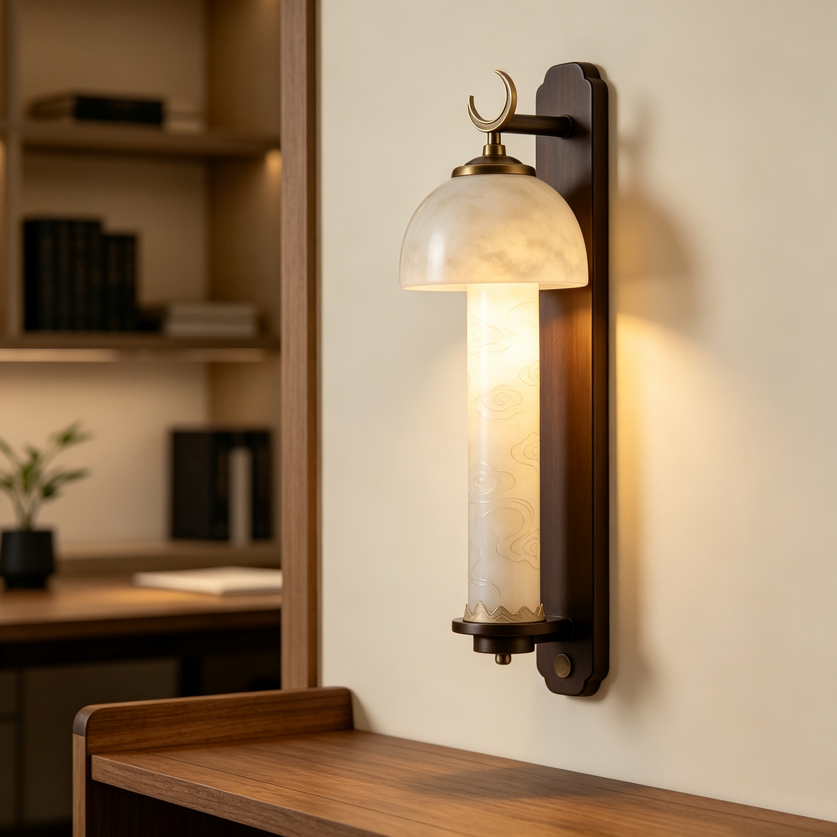 Oriental Dark Wood Moon Cloud Wall Sconce