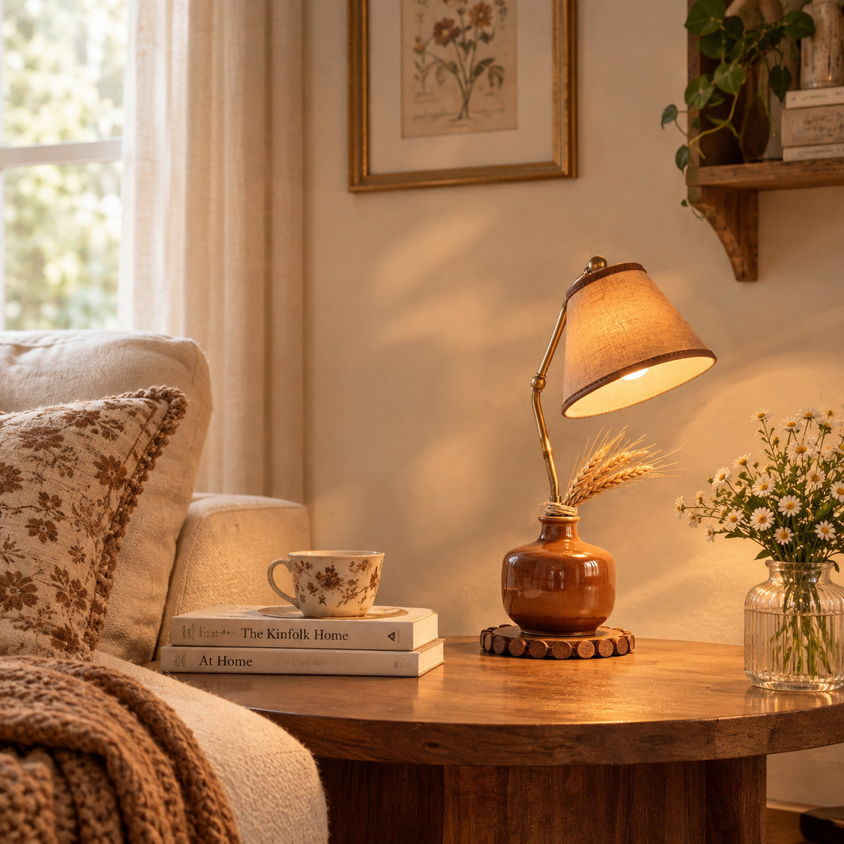 Amber Ceramic Farmhouse Table Lamp with Linen Shade
