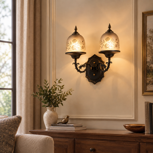 Black Double Rose Etched Wall Sconce