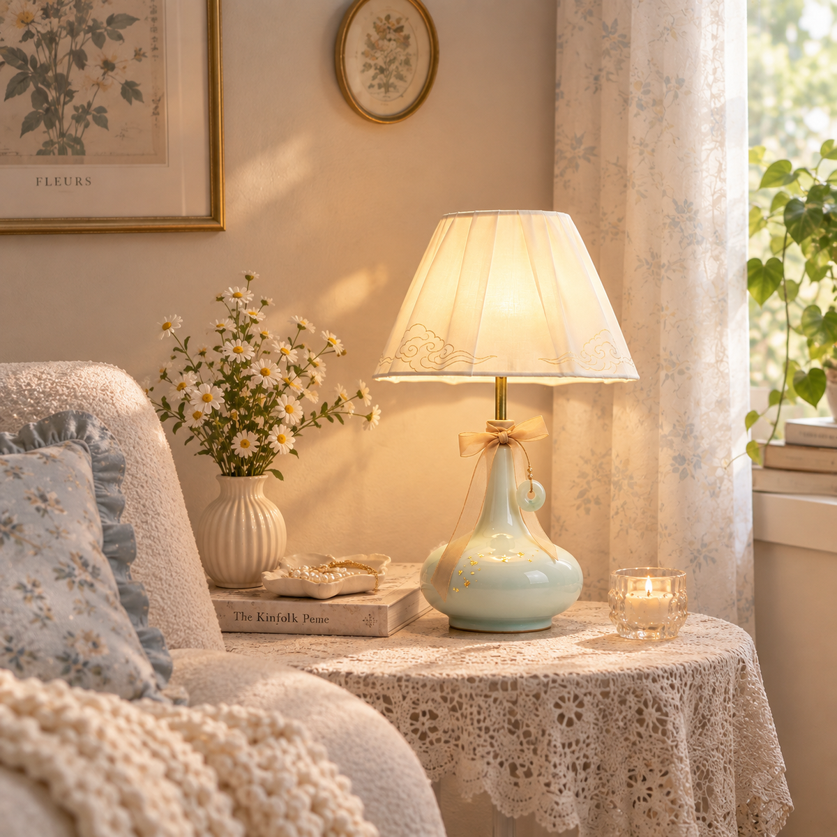 Chinese Celadon Gold Cloud Table Lamp