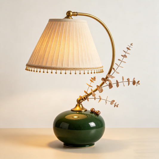 Vintage Green Ceramic Arc Table Lamp with Pleated Shade