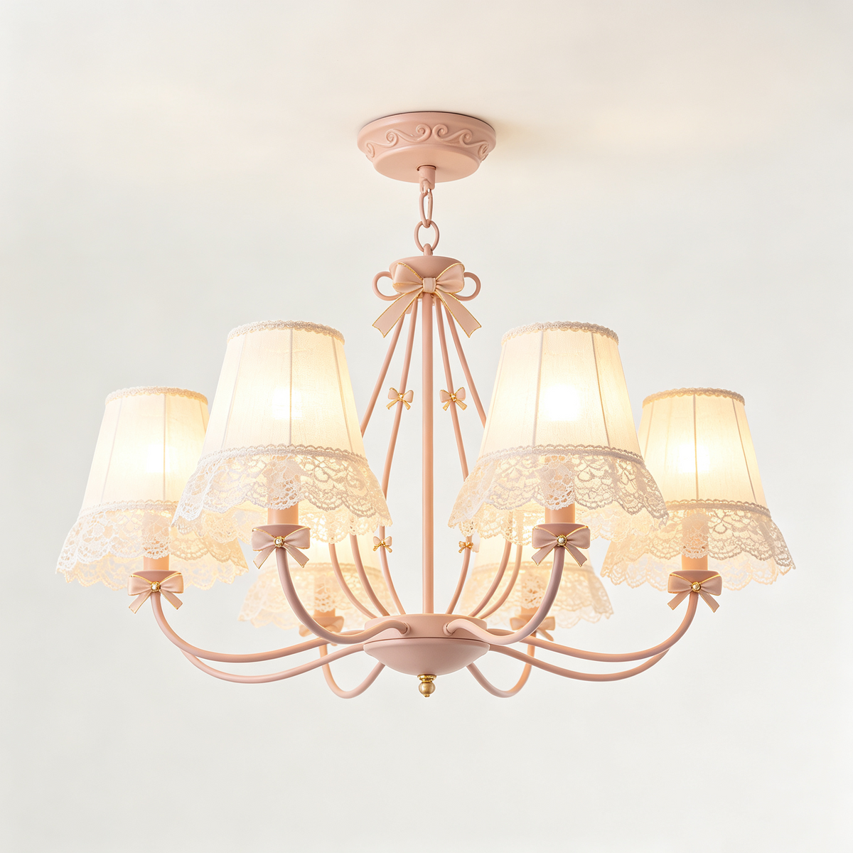 Pink French Bow Lace 6-Arm Chandelier