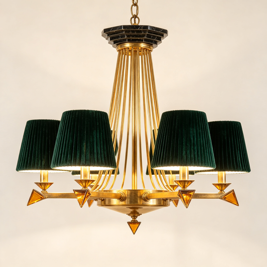 Emerald Green Brass Art Deco Chandelier