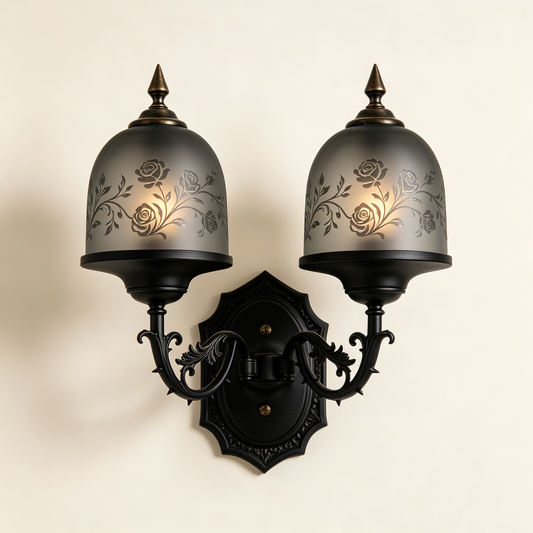 Black Double Rose Etched Wall Sconce